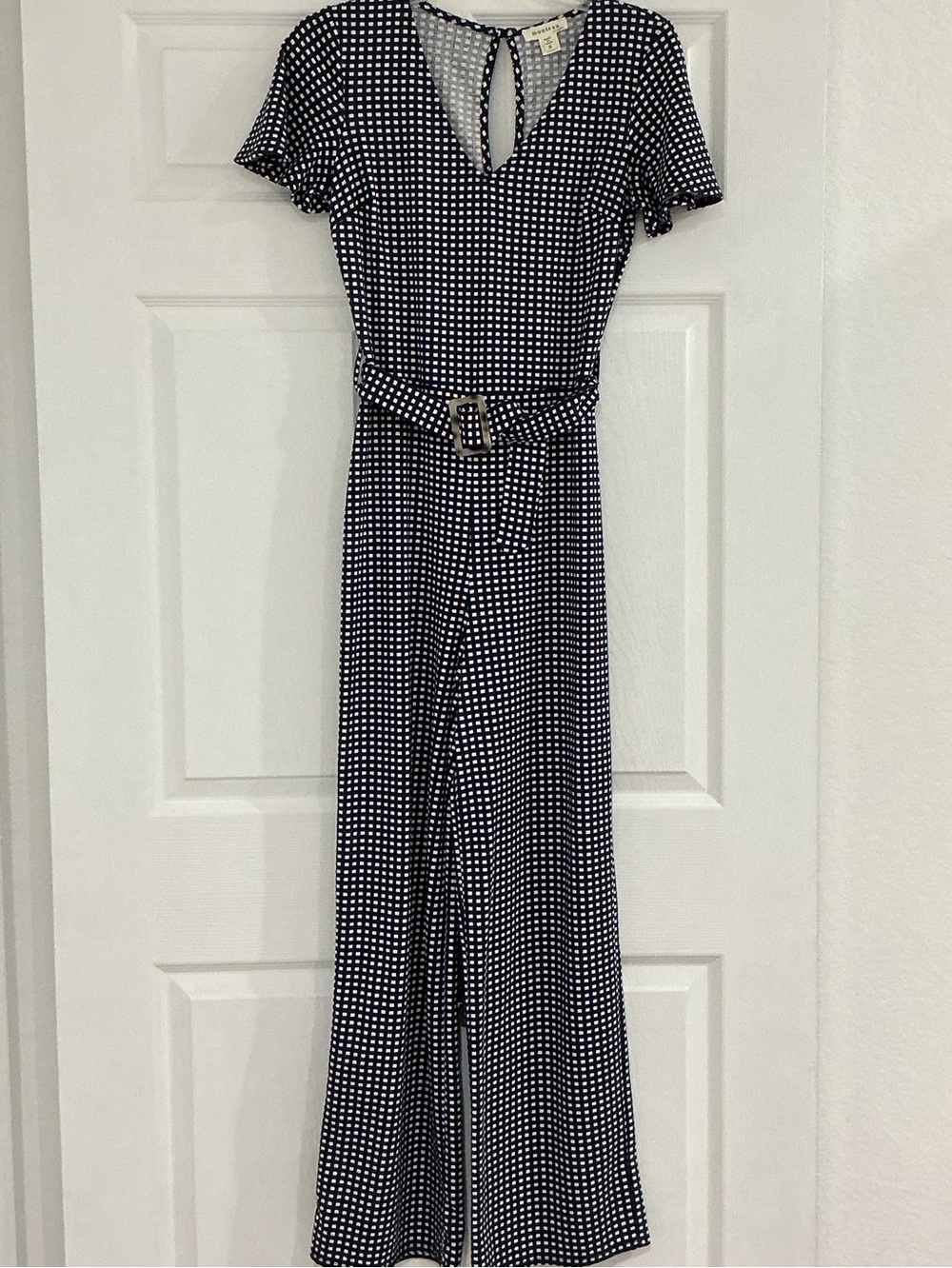Monteau Navy and White Polka Dot Belted Maxi Dress